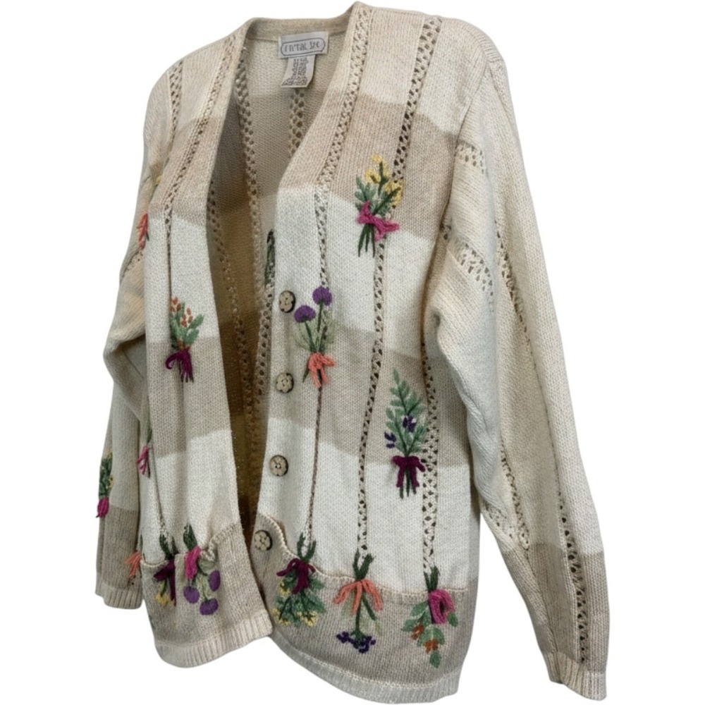 Mandal Bay Women L Cardigan Floral Embroidered Ramie Cotton Cottagecore Vintage